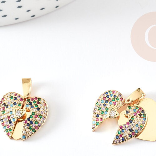 Pendentif coeur qui s'ouvre zircons coloré, pendentif laiton amour,sans nickel, 16mm, x1 g4744