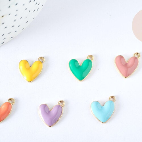 Pendentif zamac doré cœur émail couleur pastel 16mm, x5 (g7308)