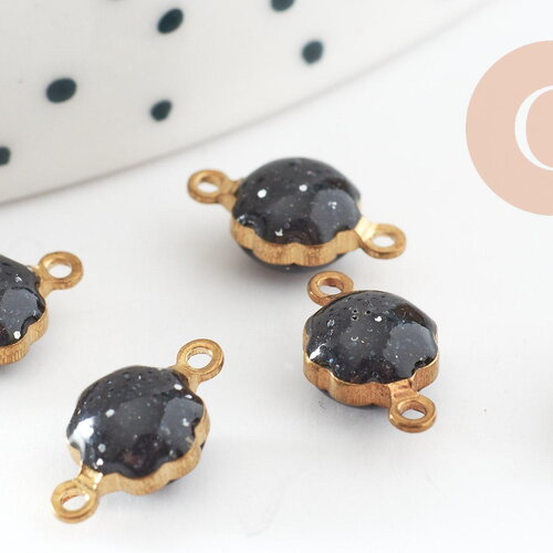 Pendentifs doré fleur émail noir paillettes pour création bijoux,9mm, x10 g4304