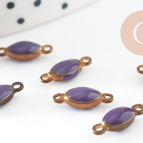 Connecteur ovale laiton brut émail violet, laiton doré, pendentif ovale,10.5mm, x10 g8045