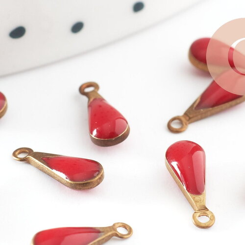 Pendentif goutte laiton brut émail rouge fournitures créatives, laiton doré, pendentif goutte,11mm, x10 g0810