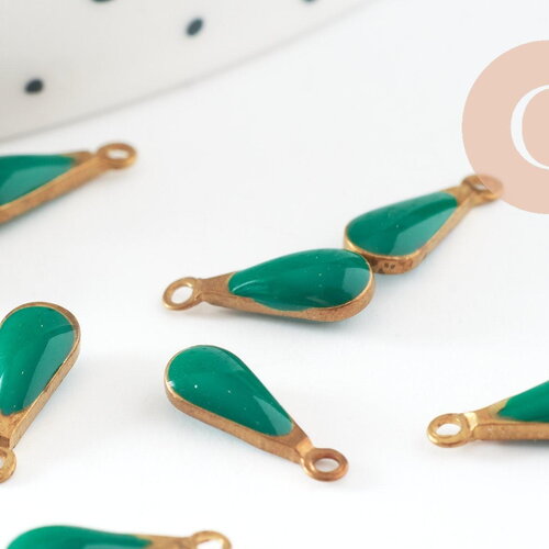 Pendentif goutte laiton brut émail vert, fournitures créatives, laiton doré, pendentif goutte,11mm, x10 g0809