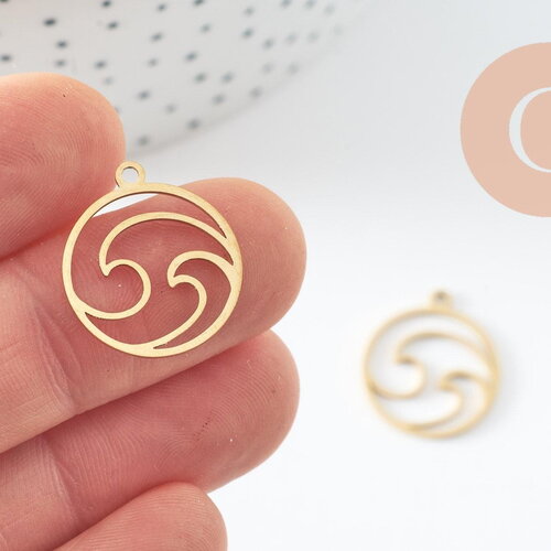 Pendentif rond vague acier 201 inoxydable doré 20mm, x1 (g9825)