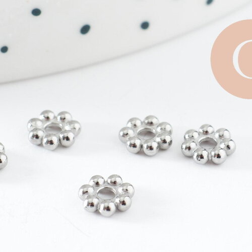 Perles intercalaires rondelles fleurs acier 304 inoxydable platine 6mm, x5 (g9821)