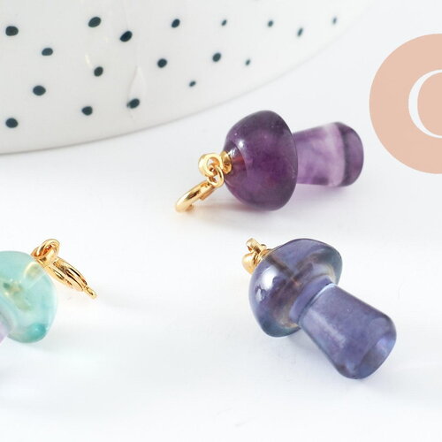 Charm champignon fluorite violette naturelle laiton dorée 28mm, pendentif en pierre naturelle, x1 (g9812)
