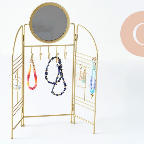 Présentoir à bijoux collier boucles d'oreilles pliable avec miroir fer doré 33cm, présentoir bijoux, x1 g9794