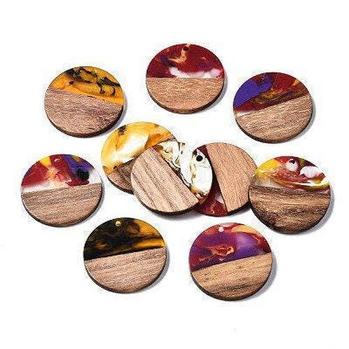 Perle disque bois résine multicolore 28mm,création bijoux bois x2 (g5578)