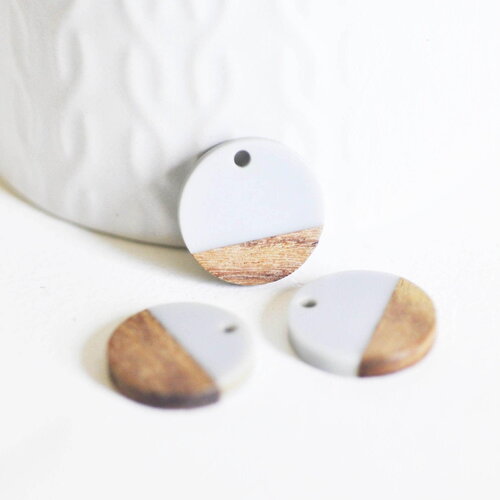 Pendentif disque bois résine grise 18mm, x5 (g2474)
