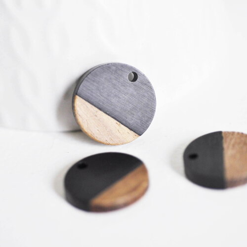 Pendentif disque bois résine noire 18mm, création bijoux bois, x5 g2947