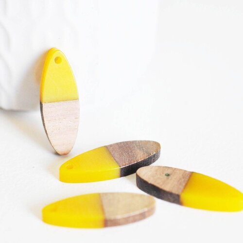 Pendentif ovale bois résine jaune, bois naturel,perle bois, perle géométrique,perle ovale,création bijoux bois,28mm, x5 g1524