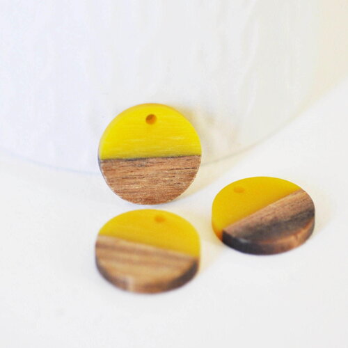 Perle disque bois résine jaune 18mm,création bijoux bois x5 g1804