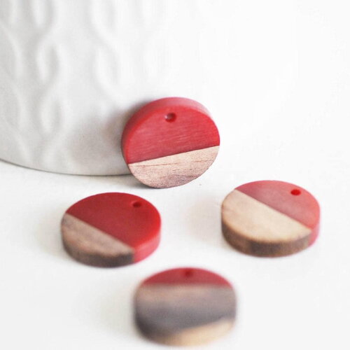 Pendentif disque bois résine rouge 18mm, création bijoux bois, x5 g0332