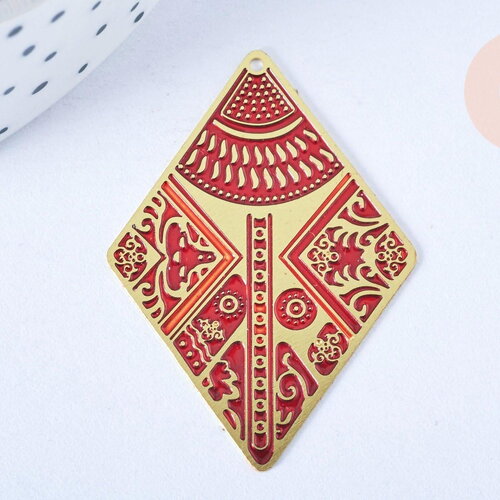 Pendentif losange gravé laiton doré email rouge 38.5mm, x1 (g6693)