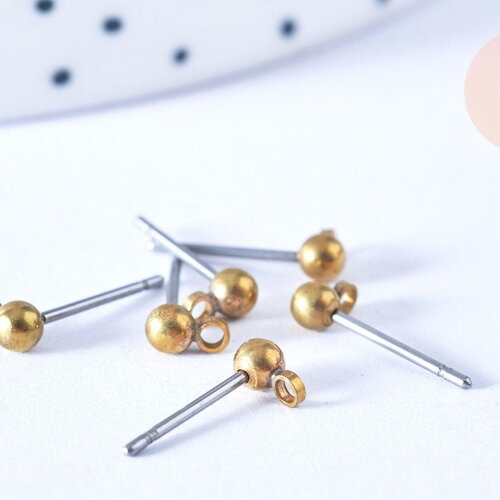Clous-puces boule boucles oreille laiton brut acier 3mm, x10 (g6545)