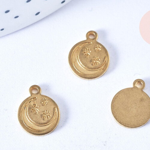 Pendentif rond lune étoile laiton brut 10mm, x2 (g6534)
