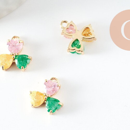 Pendentif trèfle trois feuille laiton doré 18k et zircons colorés,breloque laiton feuille, 14mm, x1 (g4457)