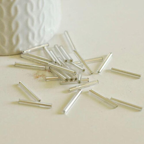 Perles rocaille tube verre argent métallisé 20mm x 2.5mm, long tube,perle argentées, x 10gr g1163