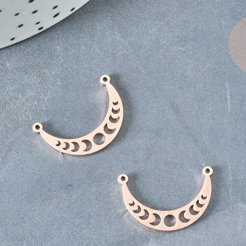Pendentif connecteur lune ajouré acier 304 inoxydable or rose 21,5mm, fabrication de bijoux acier inoxydable, x1 g8370