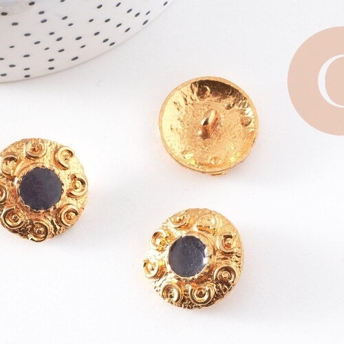 Bouton ancien rond or et émail noir baroque 23mm, fourniture de mercerie vintage, x1 (g10151)