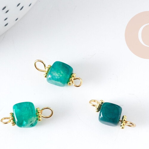 Connecteur cube agate verte naturelle fer doré 17mm, pendentif création bijoux pierre x1 g9103