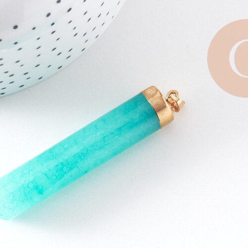 Pendentif grand tube jade bleu doré,pendentif bijoux,pendentif pierre naturelle,66mm, x1 (g4126)