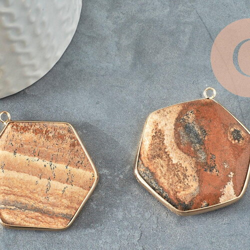 Pendentif hexagone jaspe paysage,pendentif pierre,pendentif collier,pierre naturelle,pendentif jaspe paysage naturel,45mm, x1 g2381