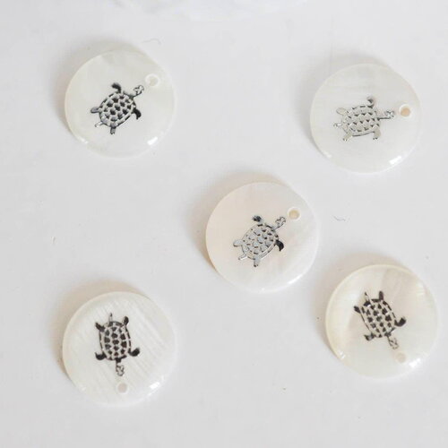 Pendentif rond nacre tortue, pendentif tortue,coquillage blanc naturel,16mm,1 trou x10 (g1068)