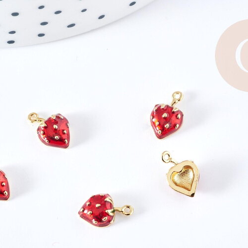 Pendentif fraise laiton doré 18k émail rouge 11mm,pendentif fruit création bijoux, x1 g8584