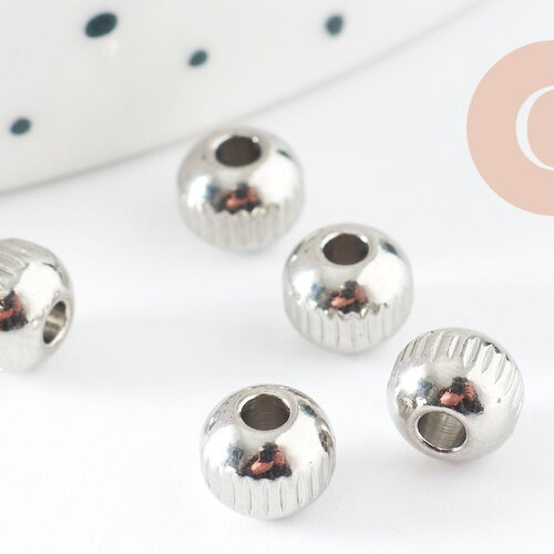 Perle intercalaire ronde striée acier 201 inoxydable platine 6mm, x10 (g9800)