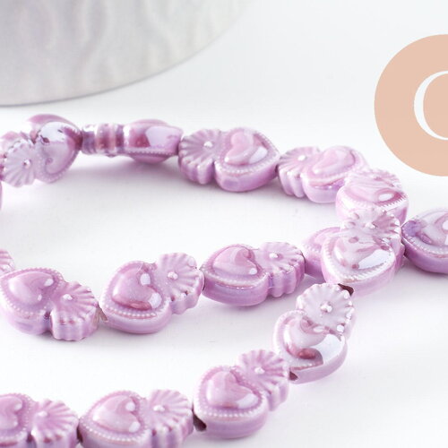 Perle porcelaine coeur violet irisé 16mm, x24 (g9799)
