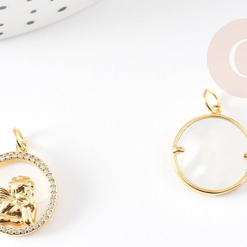 Pendentif médaille ronde ange laiton doré nacre et zircon, pendentif nacre et laiton doré pour création,médaille or,17.5mm, x1 g3569