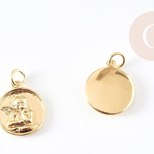 Pendentif médaille ronde ange laiton doré 18k, pendentif laiton doré pour création bijoux,médaille or,17mm, x1 g4929