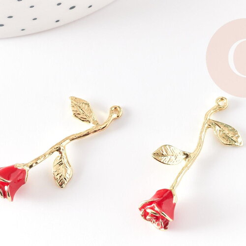 Pendentif fleur rose émail rouge, pendentif laiton brut, bijou laiton,fleur laiton bijoux,pendentif laiton brut,38mm, x1 g5299