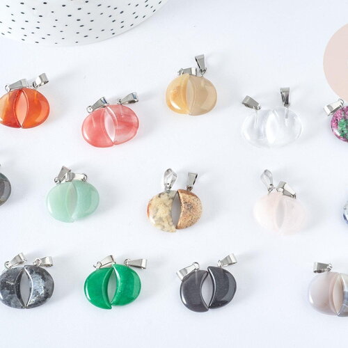 Pendentif lune pierre naturelle support laiton platine 21~24mm, pendentif lune bijou pierre naturelle, x1 g7957