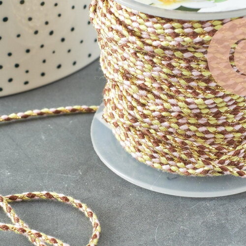 Cordon tressé marron jaune fluo fil doré, cordon pour bijoux,cordon multicolore scrapbooking, x1 mètre (g6211)