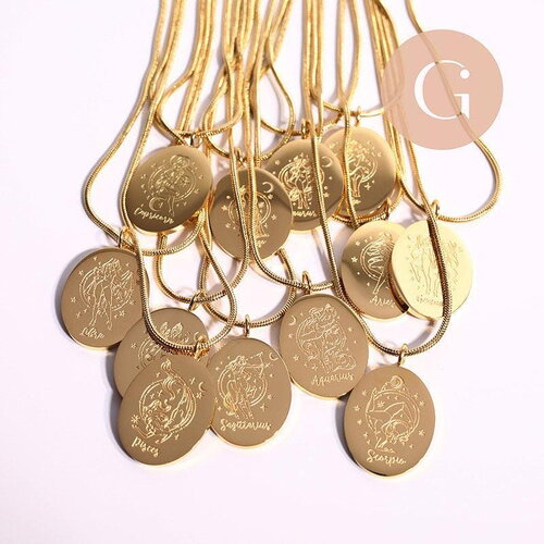 Collier médaille gravée ovale signe astrologique acier 304 inoxydable doré 30x20mm, un pendentif horoscope astrologique, x1 g7648