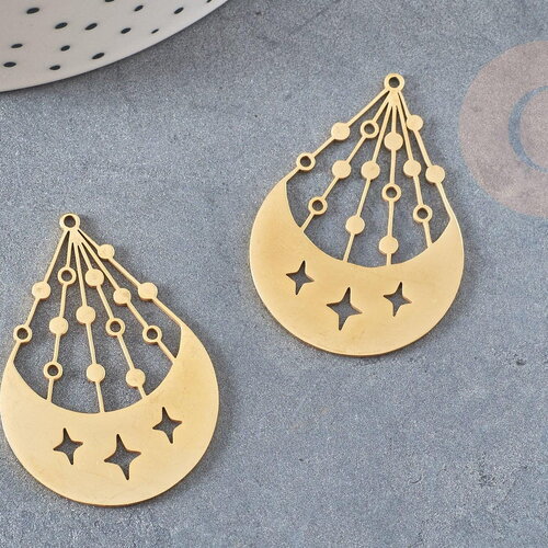 Pendentif lune et étoiles acier doré 39.5mm, breloque doré, acier inoxydable doré, pendentif sans nickel, création bijoux, x1, g6143