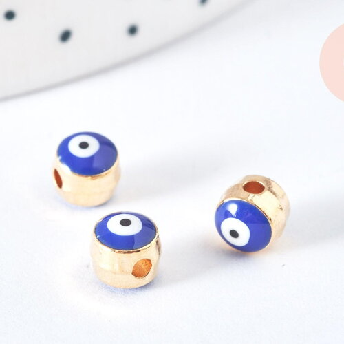 Perle mauvais œil doré émail bleu foncé laiton doré 5,5mm,chance, bijou mauvais oeil, x10 g7118
