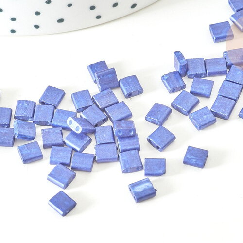 Perles rocaille carré verre rectangle bleu nuit, perle carré création bracelet, perle tila,4.5mm,2 trous, x50 (4.8gr) (g7756)