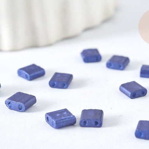 Perles rocaille carré verre rectangle bleu opaque, création bracelet, perle tila,4.5mm,2 trous, x50 (4.8gr) (g7486)