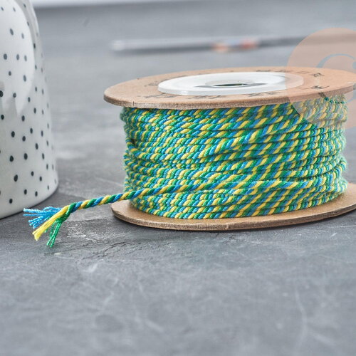 Cordon en coton tressé jaune bleu vert 1.2mm, cordon pour bijoux scrapbooking fabrication bijoux, x1mètre g9195