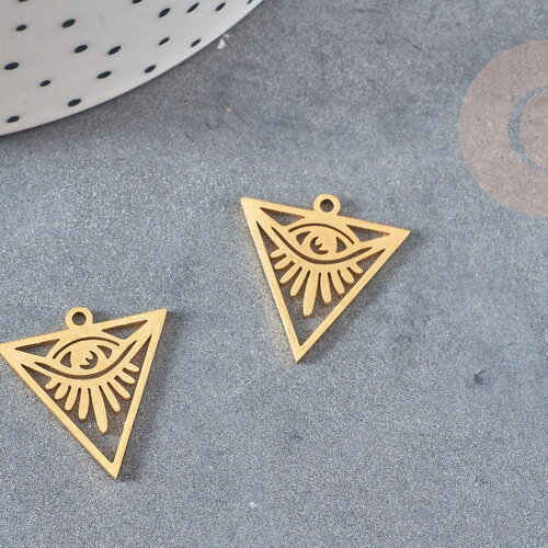 Pendentif triangle oeil protecteur acier 201 inoxydable dore 20mm, création bijoux talisman, x1, g4615