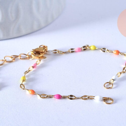 Bracelet fin acier inoxydable doré 14k résine multicolore rose avec anneaux 16.5mm, x1 (g5807)