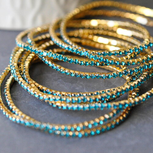 Bracelet élastique laiton doré strass bleu 50mm, x1 (g3960)