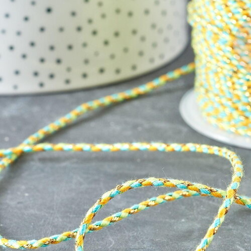 Cordon tressé vert jaune turquoise fil doré 1.5mm-2mm, x 1mètre (g8125)