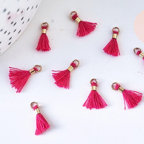 Pompon rose foncé polyestère support doré,décoration pompon, pompon boucles,fabrication bijoux bohème,10-15mm,les 10 g5565