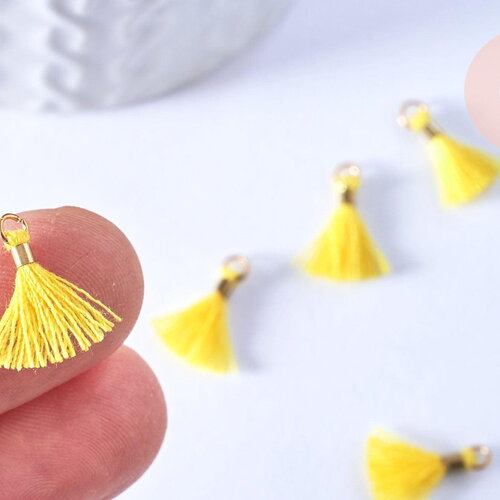 Pompon jaune polyestère support doré,décoration pompon, pompon boucles,fabrication bijoux bohème,10-16mm,les 10 g4262