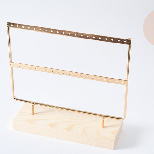Présentoir à bijoux boucles d'oreilles laiton doré socle bois 20.5cm, x1 (g7468)