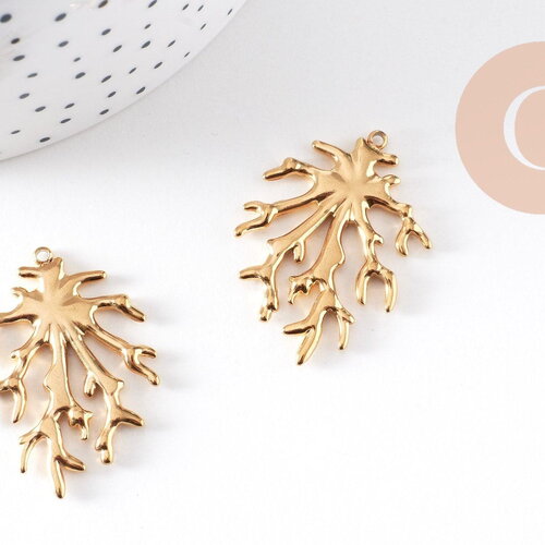 Pendentif branche de corail acier 304 inoxydable doré 18k 36mm, x1 (g10508)