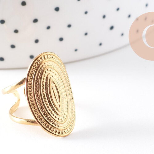 Bague réglable ovale texturée acier 304 inoxydable doré taille 54, x1 (g10351)